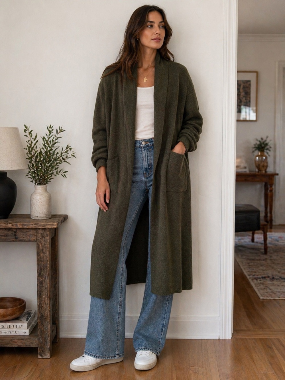 Long Open-Front Olive Green Women's Coatigan